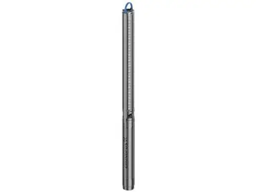 Grundfos Unterwasserpumpe mit schlankem Design und einer länglichen Form. Sie besitzt einen Halterungsring zur einfachen Handhabung oder Befestigung.